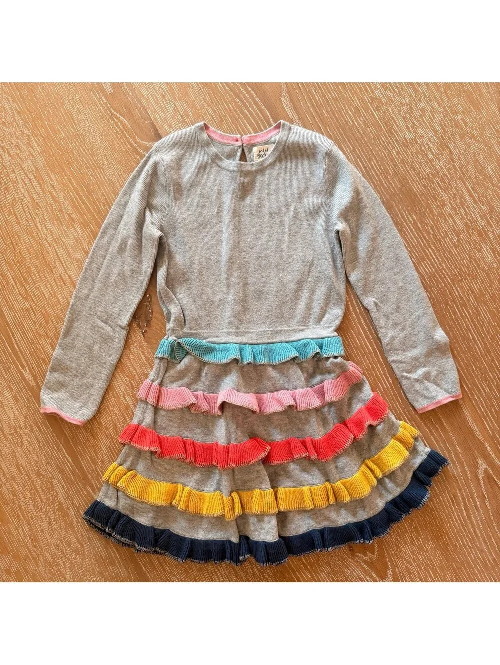 Mini Boden Rainbow Ruffle Sweater Dress Gray Knit Girls 4-5Y EUC